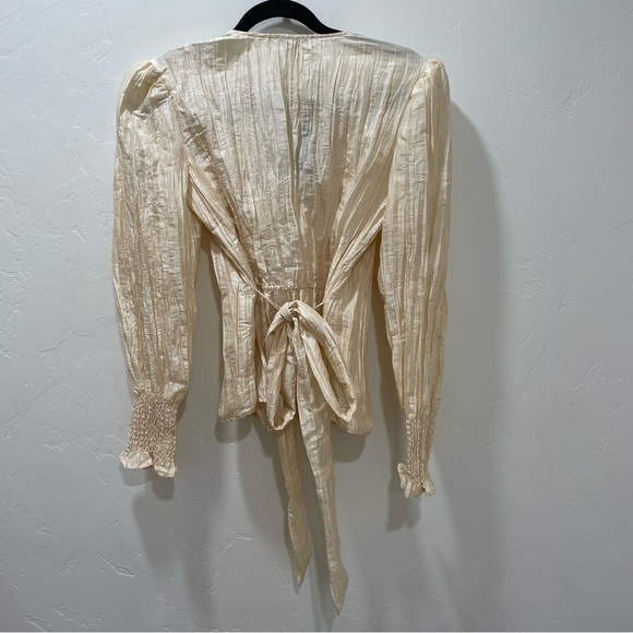 NWT NBD Chiara Top Womens Small Champagne Long Puffed Sleeve Tafetta Wrap Tie - Picture 6 of 16